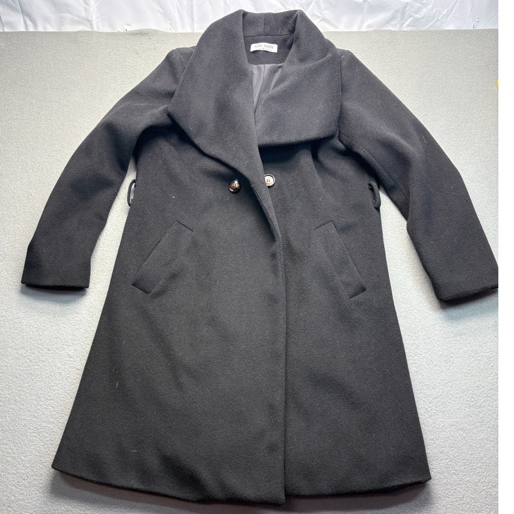 Kate Kasin Womens Black Double Breasted Overcoat Notched Lapel Pea Coat Size M